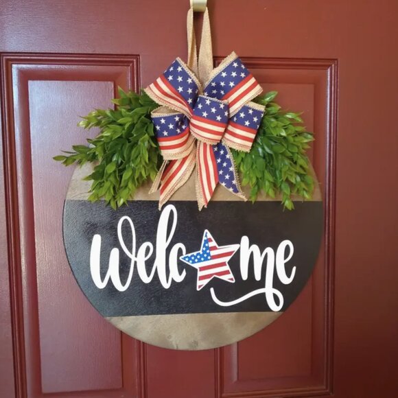 Welcome Patriotic Flag Front Door Hanging Sign Fourth of July Decor Wreath Gift - Picture 5 of 7